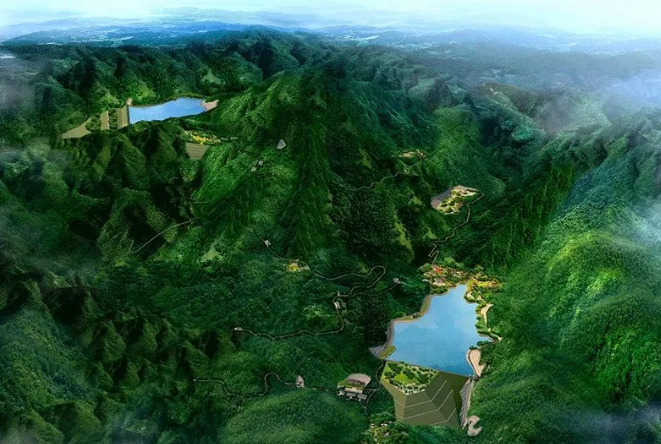 Forested valley and lower reservoir near the project