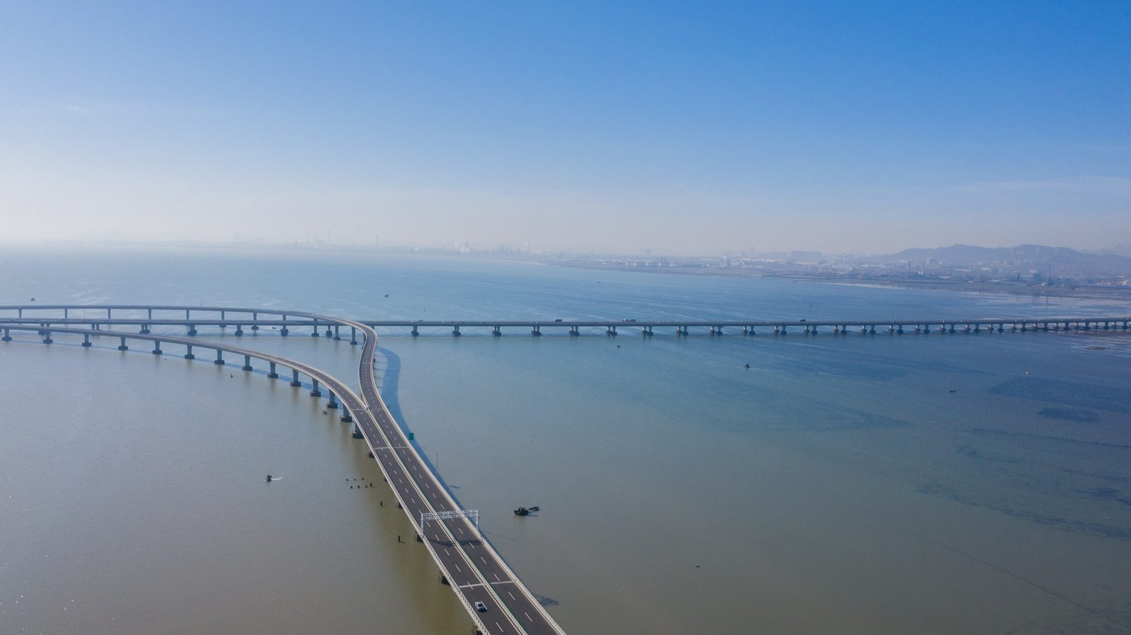 Aerial view of Qingdao Jiaozhou Bay bridge and tunnel alignment