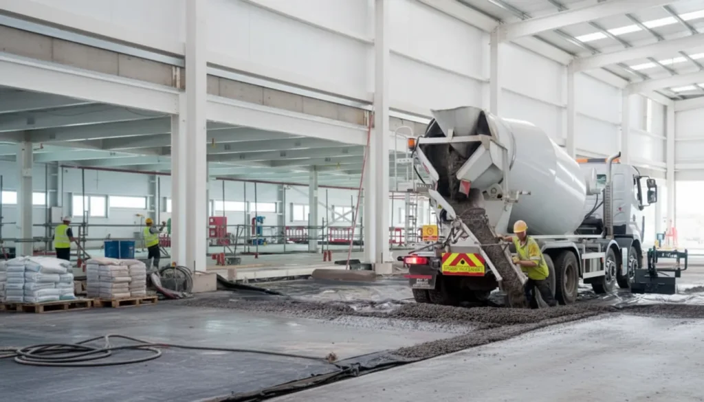 Geschnittene Betonprobe mit Polypropylenfasern, die einen feinen Riss im erhärteten Beton überbrücken