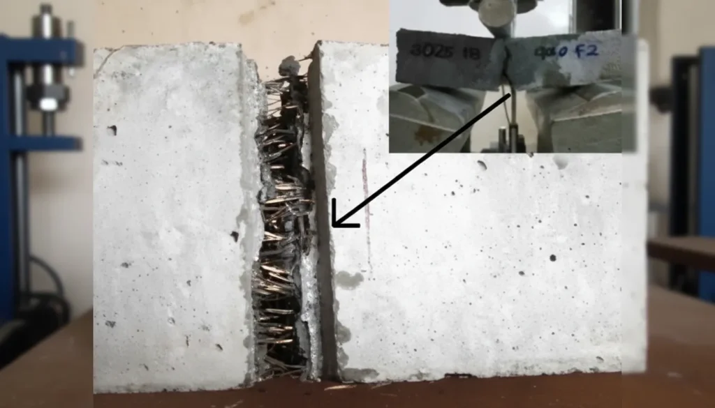 Çatlak açılmasını sınırlamak için küçük bir çatlağı köprüleyen lifleri gösteren sertleşmiş lifli beton kesiti