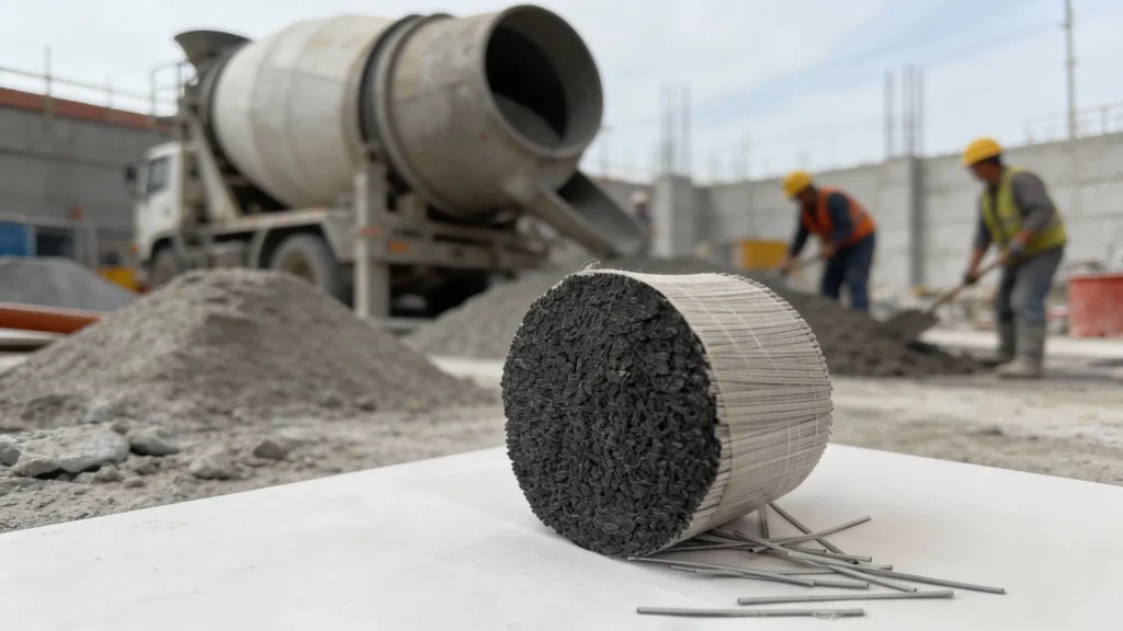 Yerleştirmeden önce karışım boyunca dağılmış görünür takviye lifleri içeren taze beton