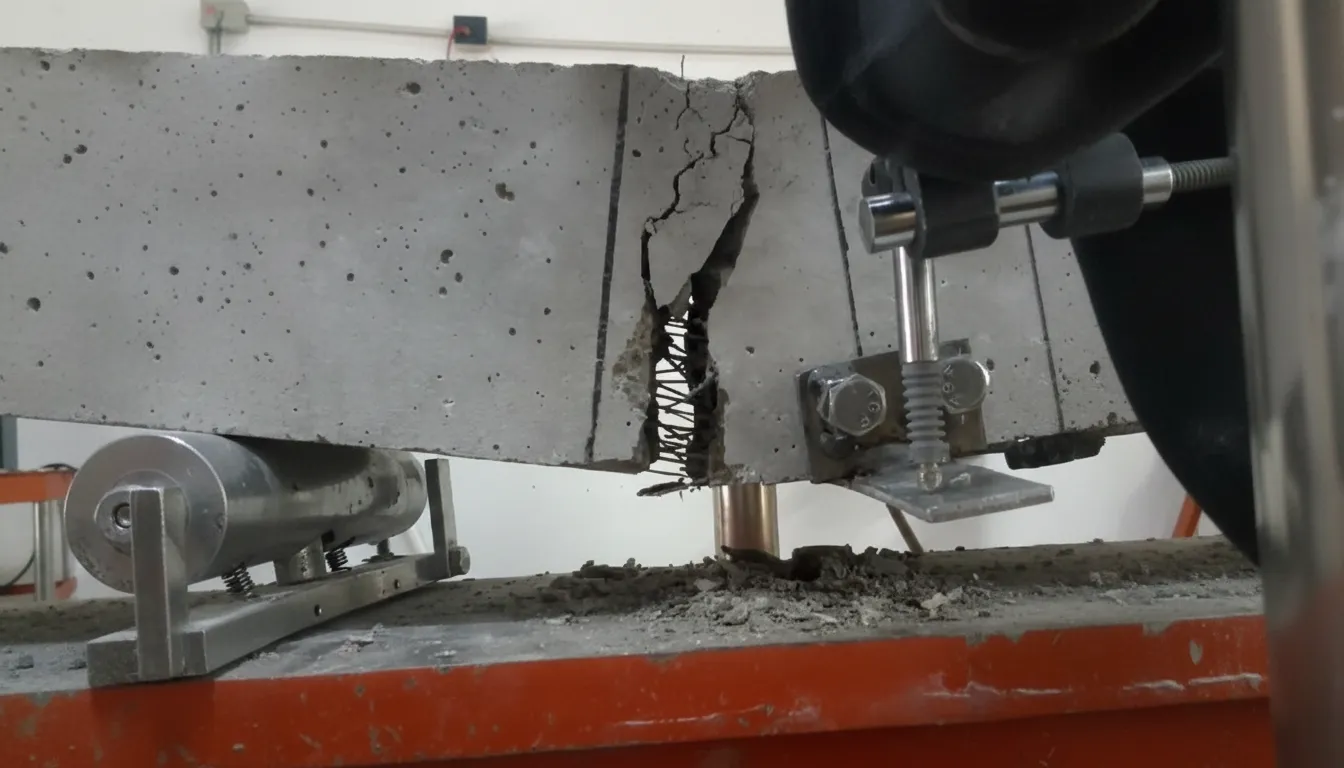 Laboratory setup performing a three-point bending test on a polypropylene fiber reinforced concrete beam specimen