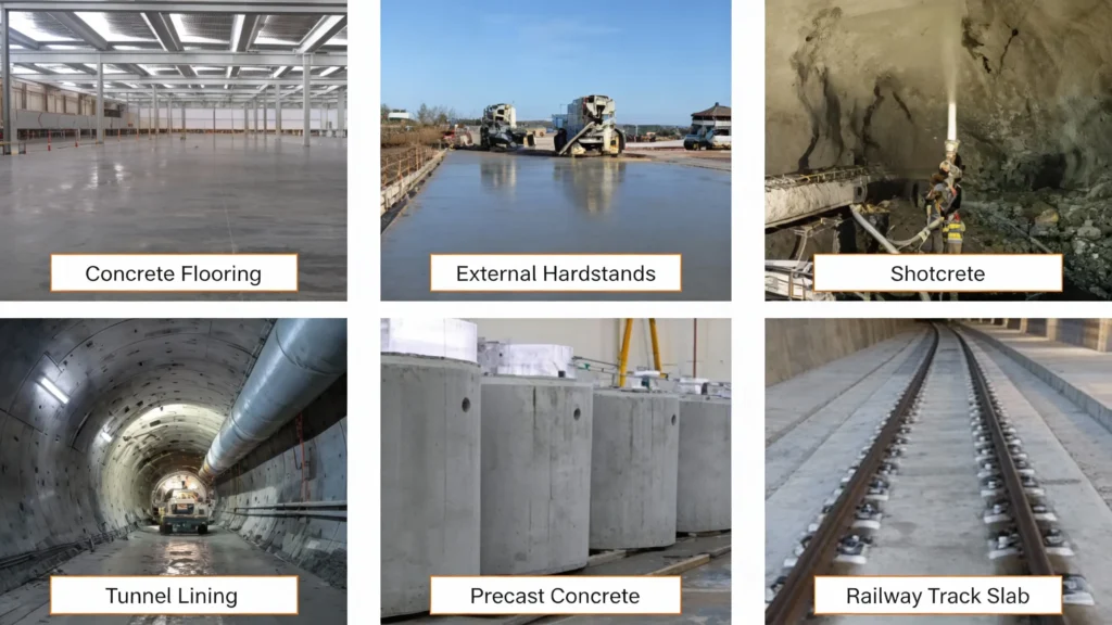 Collage mit Bodenplatte, Fertigteilen und Spritzbetonarbeiten aus polypropylenfaserverstärktem Beton