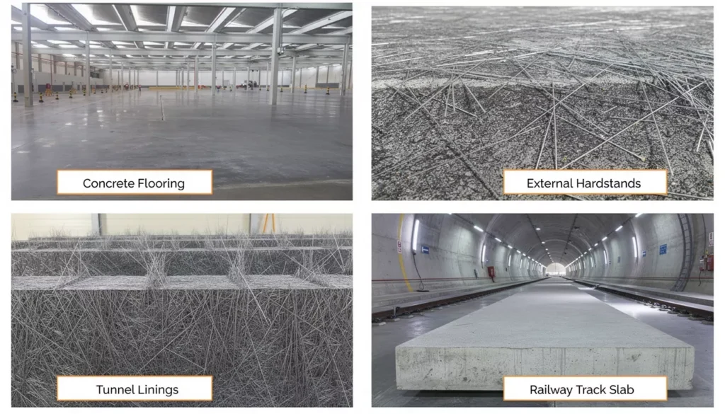 Yerde döşeme, püskürtme beton tünel kaplaması ve fiber beton ile yapılan prekast ürünleri gösteren kolaj