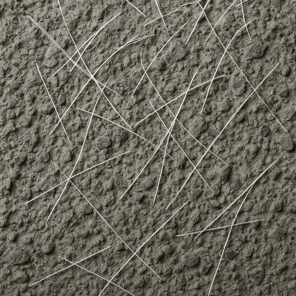 Núcleo de concreto cortado mostrando fibras de polipropileno ligando rachaduras finas