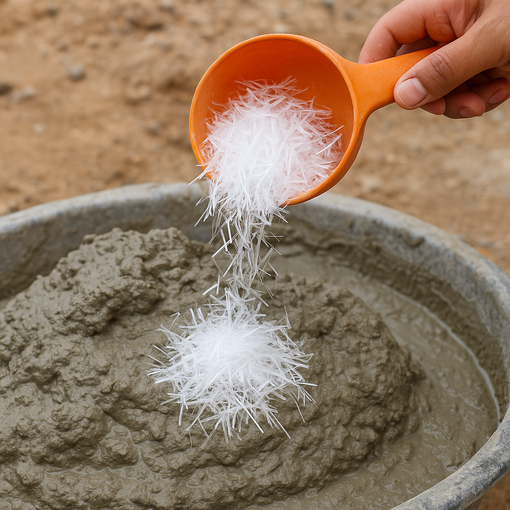 Close-up de fibras de polipropileno sendo misturadas ao concreto fresco em um canteiro de obras