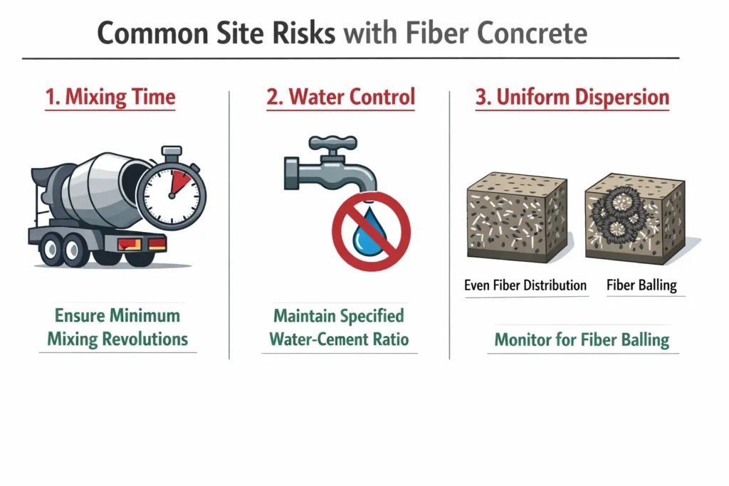 Concrete mixer and placing crew illustrating the need for correct mixing time and controlled water use when fibers are added