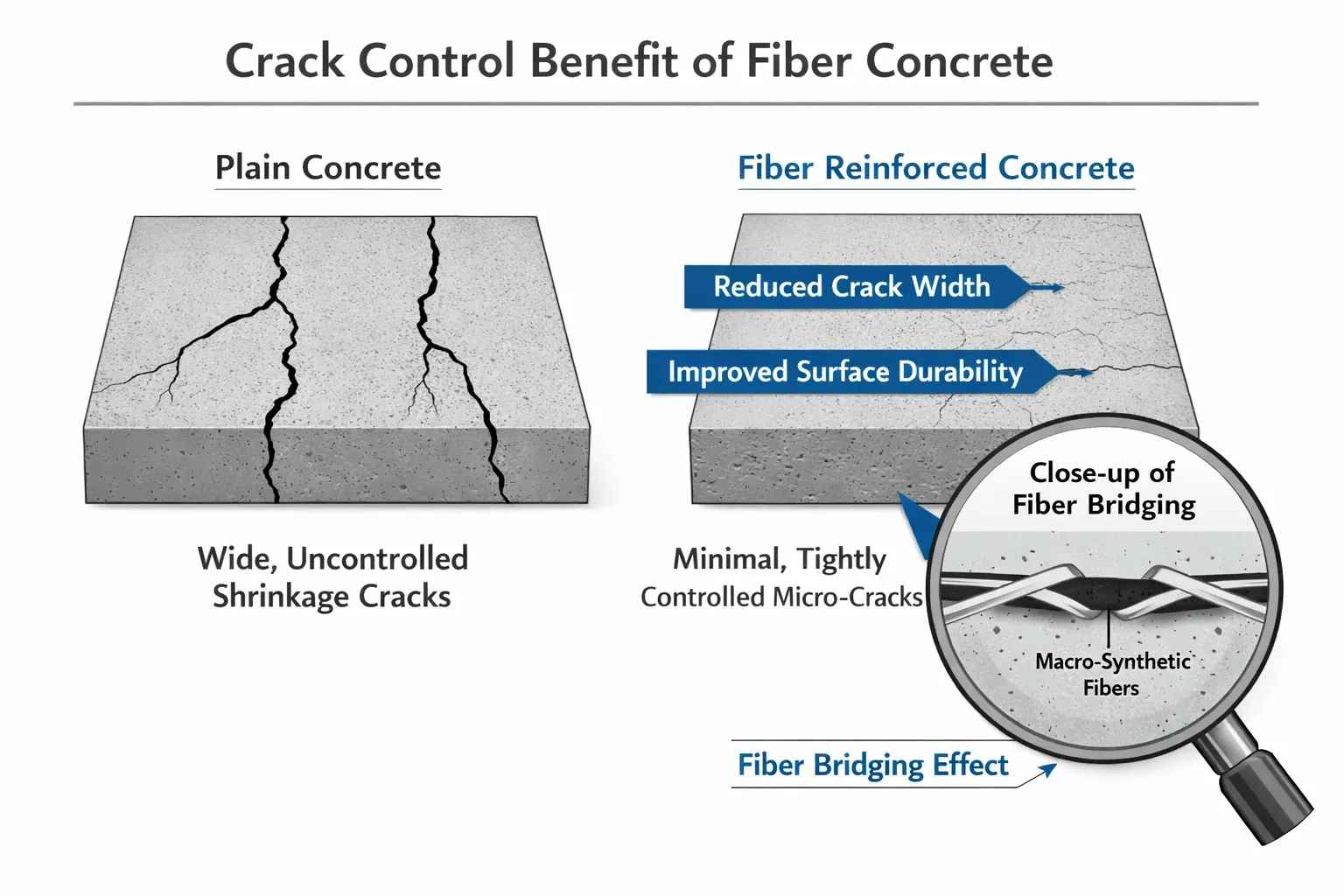 Concrete slab surface showing reduced shrinkage cracking when fiber reinforcement is used