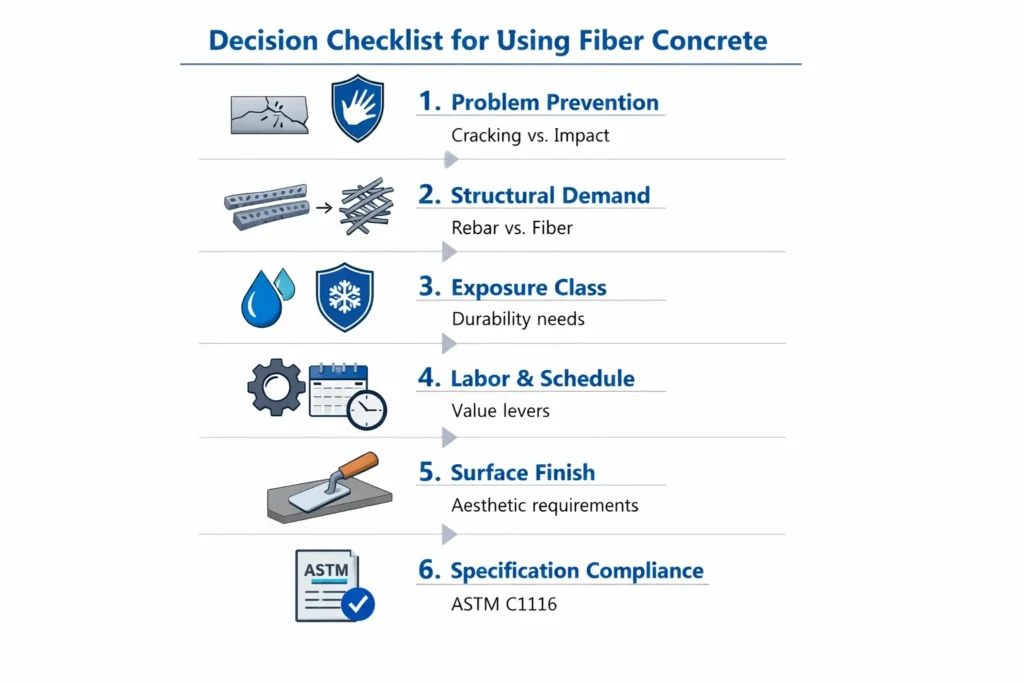 Site engineer holding a checklist covering cracking risk, structural demand, exposure, labor, finish, and specification requirements