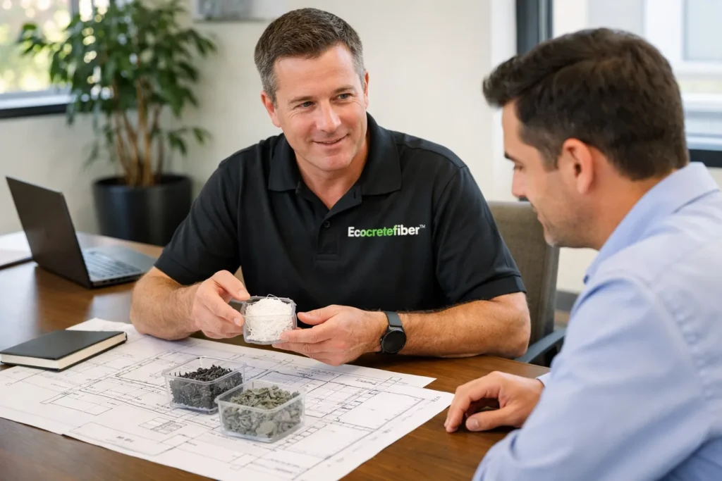 Ecocretefiber™ 聚丙烯纤维支持概念，展示纤维选择、用量指导和对混凝土用户的混合建议