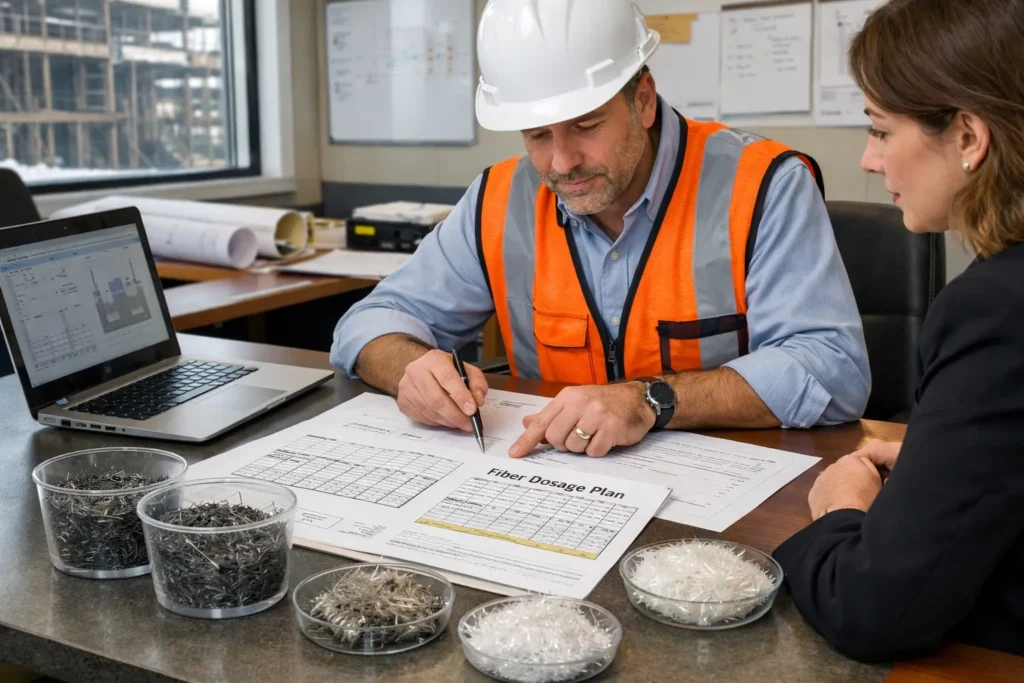 Beton karışım hedeflerini, elyaf tipi seçimini ve dozaj planını gözden geçiren mühendis Bir elyaf projesi, amaç ve elyaf tipi eşleştiğinde başarılı olur.