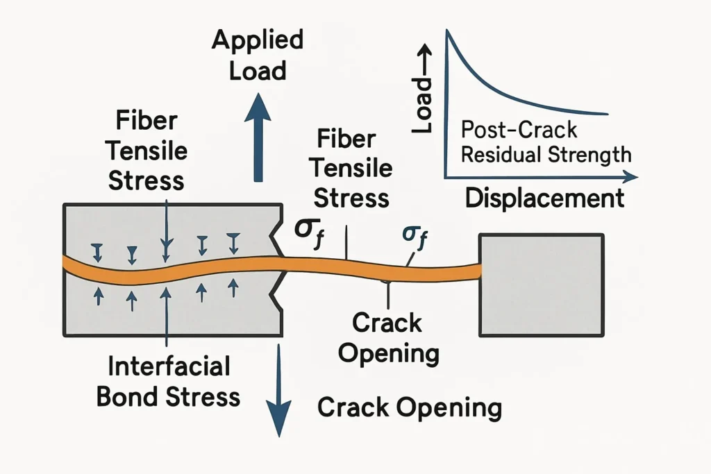 Geschnittene Betonprobe mit makrosynthetischen Fasern, die einen Riss überbrücken, um die Rissöffnung zu begrenzen und die Leistung nach dem Riss zu verbessern