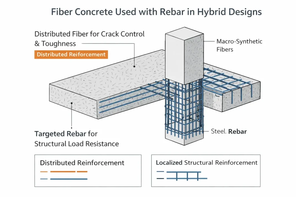 Concept image showing fiber reinforcement throughout the slab with rebar used in key tension zones and around columns