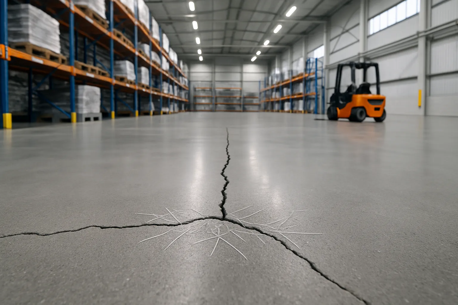 Industrial floor slab designed with macro-synthetic fibers to improve toughness and reduce crack-related surface damage