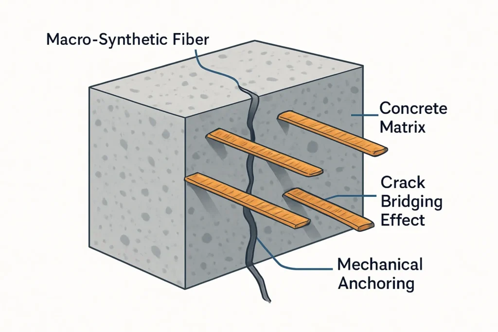 Nahaufnahme von makrosynthetischen Fasern, die als Betonbewehrung zur Verbesserung der Zähigkeit und Risskontrolle eingesetzt werden