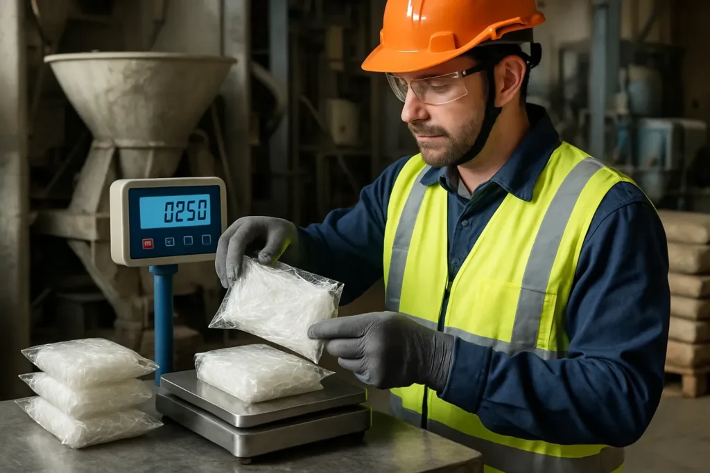 Techniker beim Wiegen von Makrosynthetikfaserpaketen für die genaue Dosierung in Beton