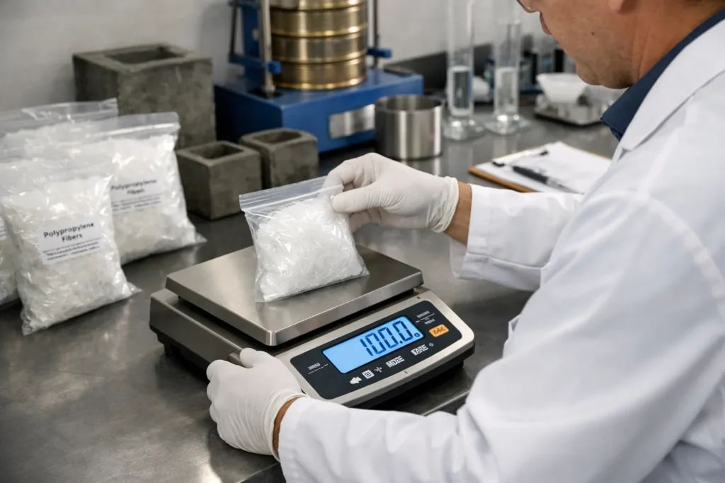 技术人员称量聚丙烯纤维包，实现精确的混凝土配料和稳定的性能