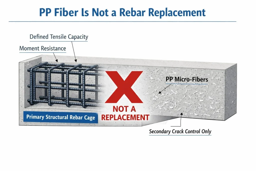 Polipropilen elyafın birincil çelik takviyenin yerini almadığını gösteren kalıp içindeki yapısal inşaat demiri kafesi