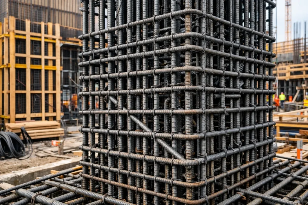 混凝土结构件中的钢筋笼，表明聚丙烯纤维不能替代主钢筋