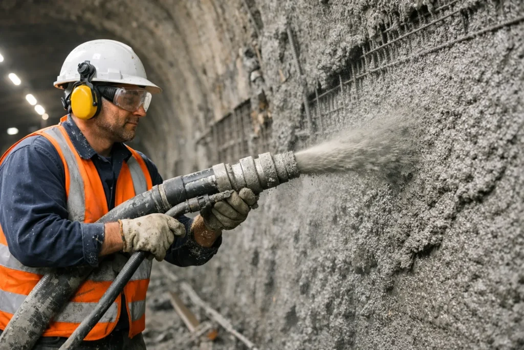喷射混凝土现场，显示用于内聚力和浇注稳定性的合成纤维加固材料