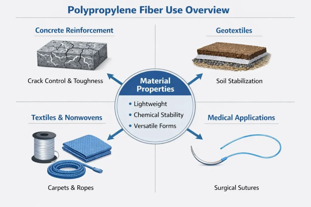 Collage sommaire des utilisations des fibres de polypropylène dans le béton, les géotextiles, les textiles et les sutures médicales.
