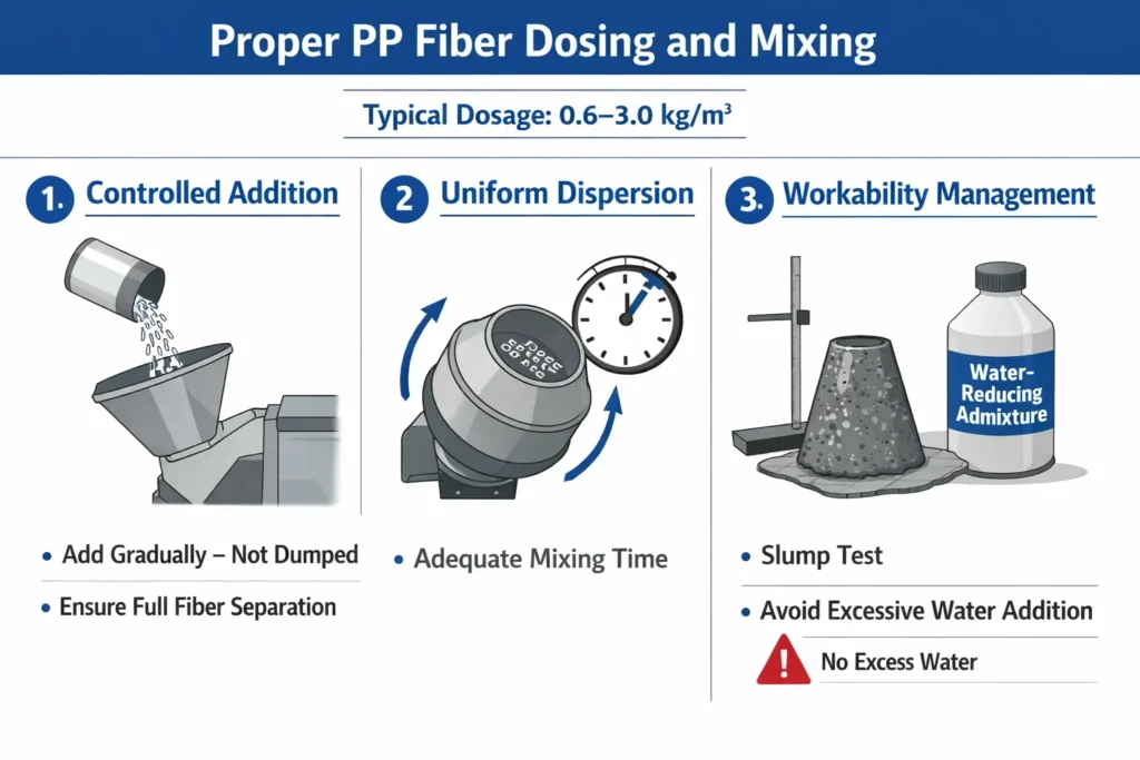 Üniform dağılım için kontrollü polipropilen elyaf ilavesini gösteren hazır karışım harmanlama işlemi