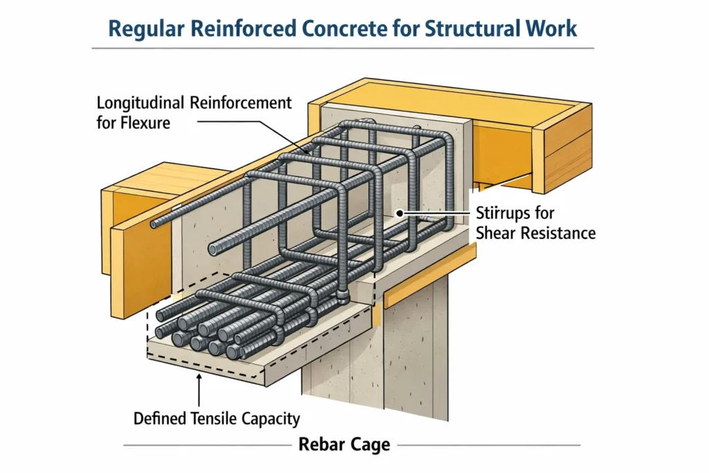 Rebar cage in a beam or column formwork showing typical reinforcement used for structural load resistance
