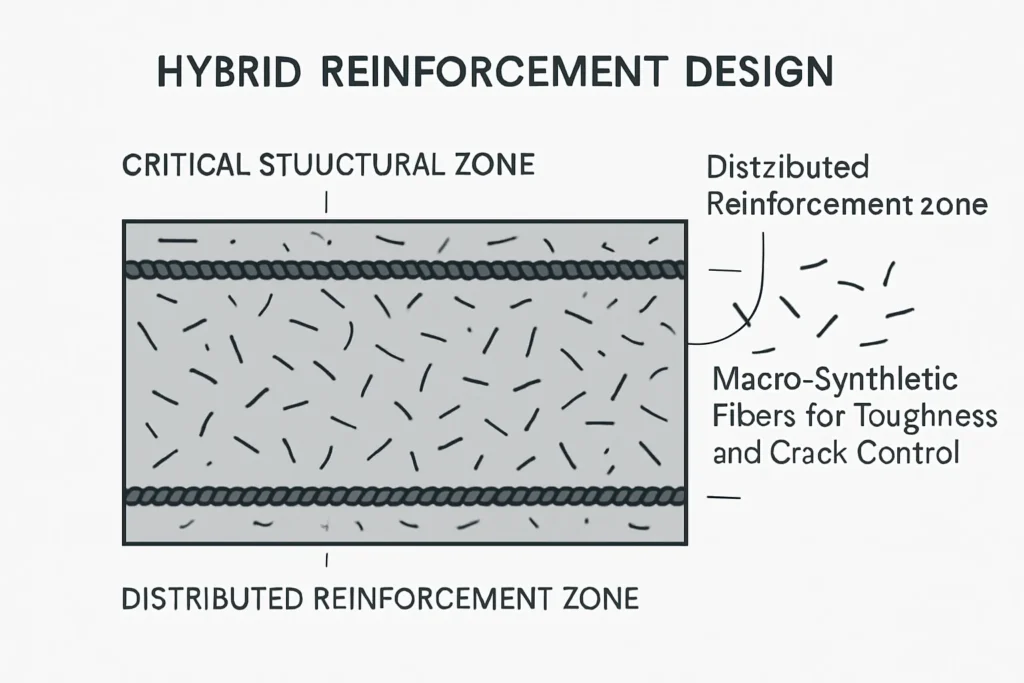 Betonbewehrungskonzept mit Bewehrungsstäben in kritischen Zonen und makrosynthetischen Fasern als verteilte Bewehrung in der Platte