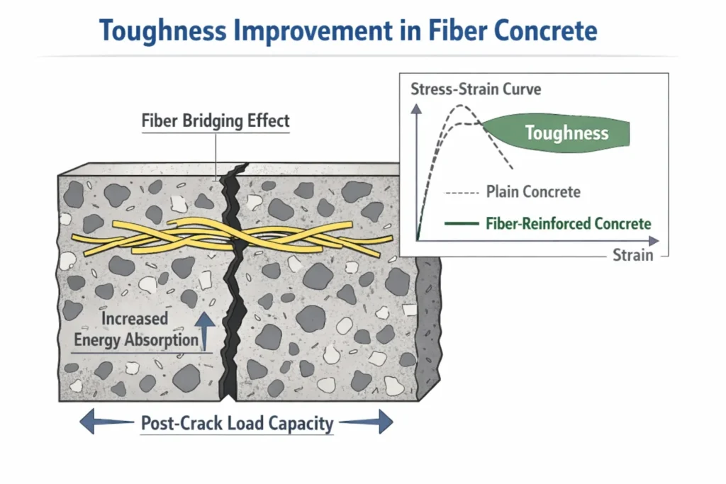 Tokluğu ve darbe direncini artırmak için bir çatlağı köprüleyen lifleri gösteren sertleştirilmiş beton örneği