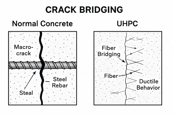 Querschnittsvergleich von Faserüberbrückung in UHPC und bewehrungsabhängiger Risskontrolle in Normalbeton