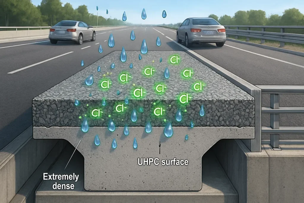Eine Szene auf einer Brücke, die zeigt, wie UHPC mit geringer Durchlässigkeit das Eindringen von Chlorid und Wasser verhindert