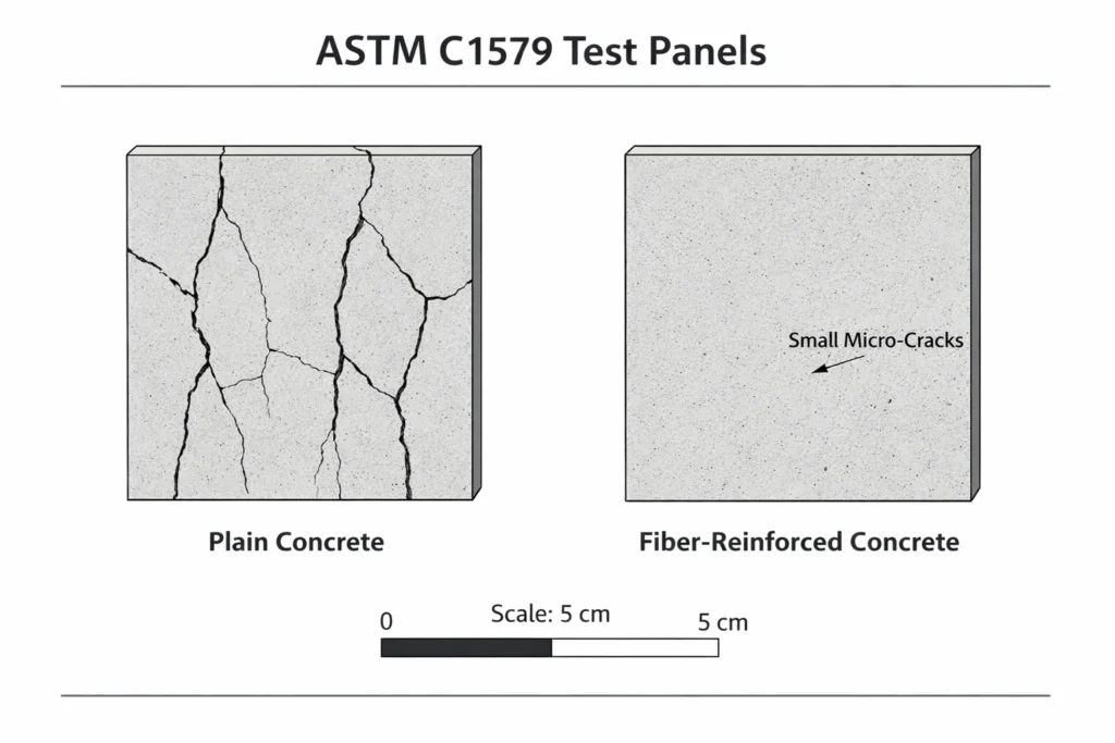 Two concrete panels sit under controlled airflow and heat, and one panel is labeled as fiber reinforced.