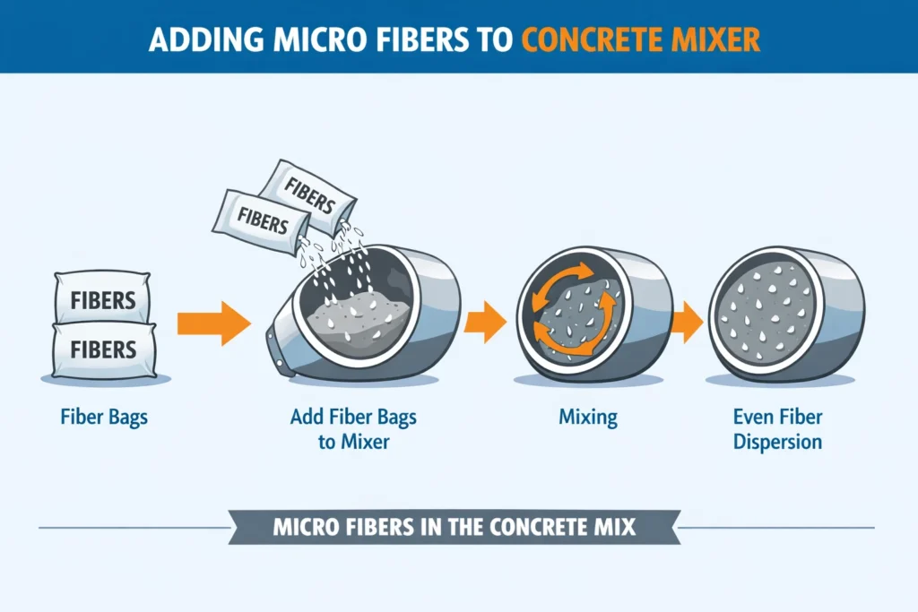  A worker adds small fiber bags into a rotating ready-mix truck drum at the jobsite.