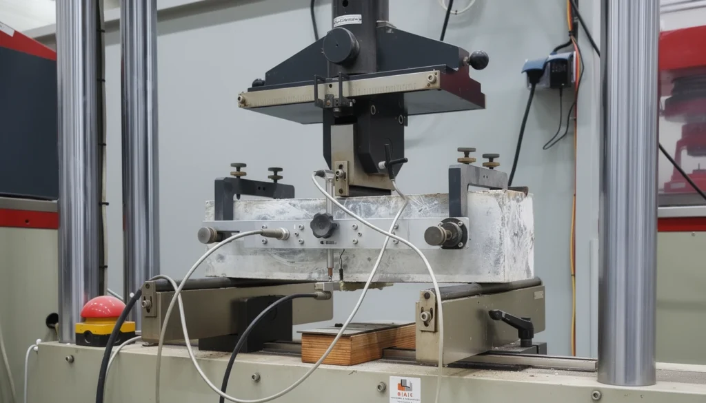 A lab beam test setup measures load and deflection during a flexural test of fiber reinforced concrete.