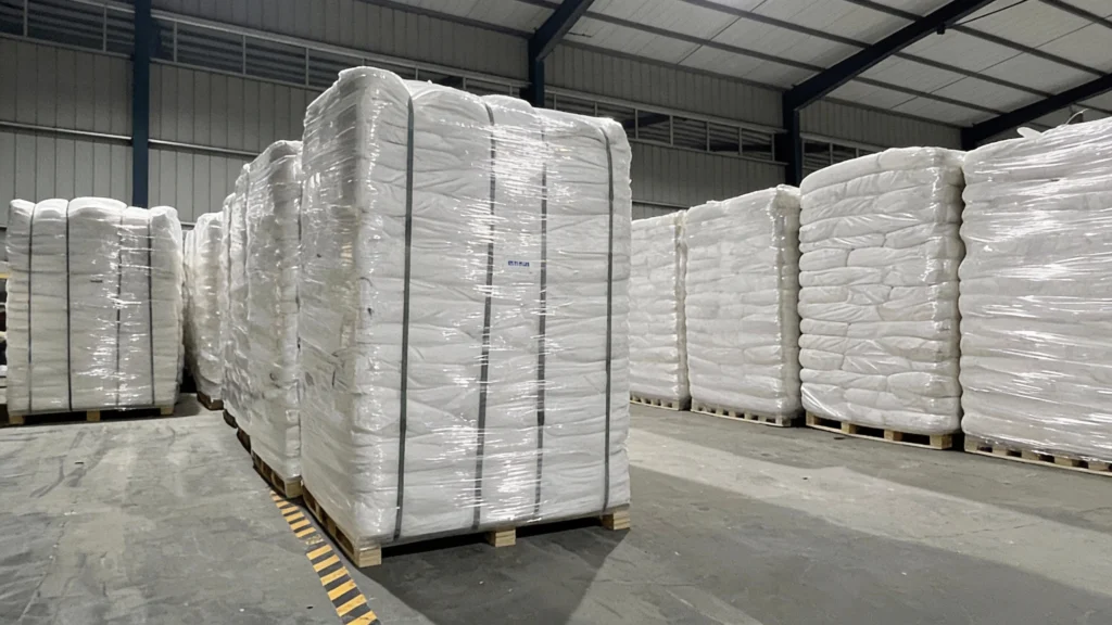 Stacked fiber cartons on pallets in a clean warehouse with batch labels for quality tracking.