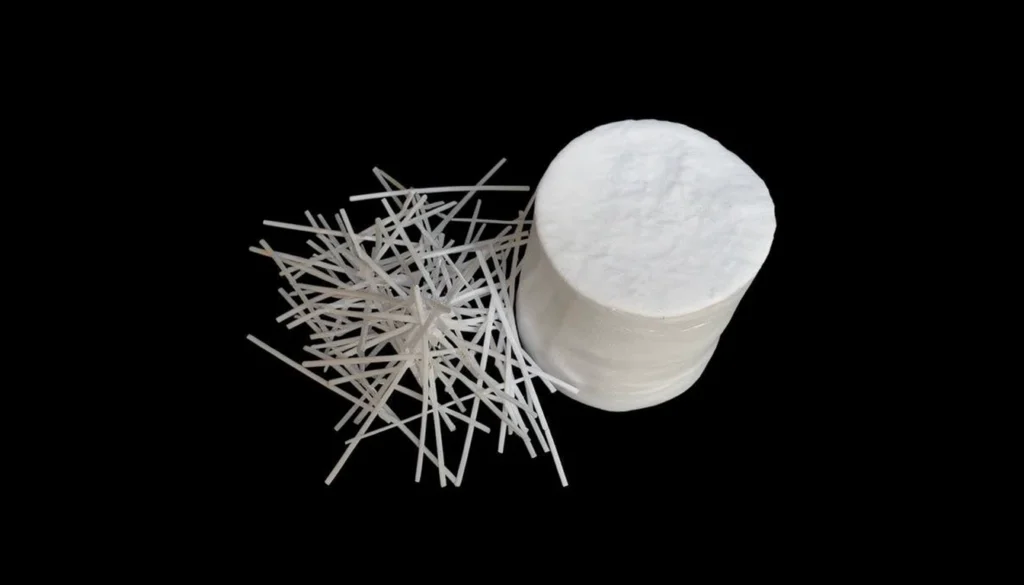 A close-up shows thick synthetic fibers with a patterned surface designed to improve bond in concrete.