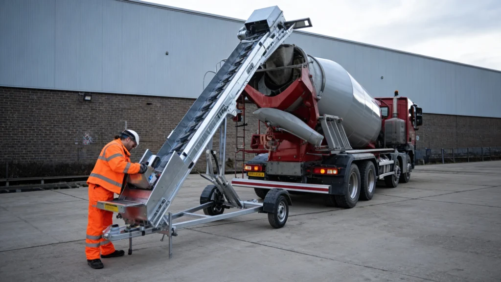 A worker adds macro synthetic fibers slowly into a rotating ready-mix drum at a jobsite.