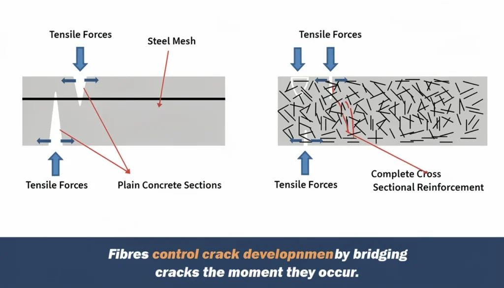 A cut concrete sample shows small polypropylene fibers embedded inside the hardened cement matrix.