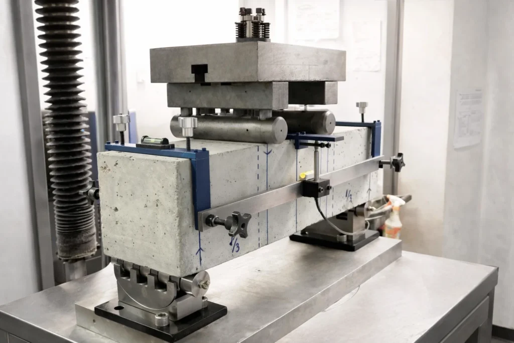 A lab beam test frame sits beside a controlled panel setup used to compare early-age cracking.