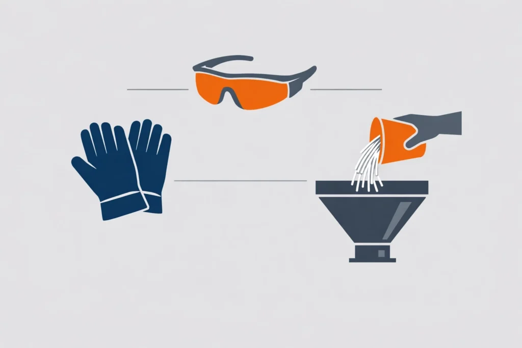 A worker wearing gloves and safety glasses pours polypropylene fibers into a mixer hopper.