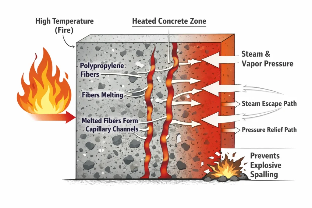 A simple diagram shows fibers melting in heated concrete and forming small channels that release pressure.