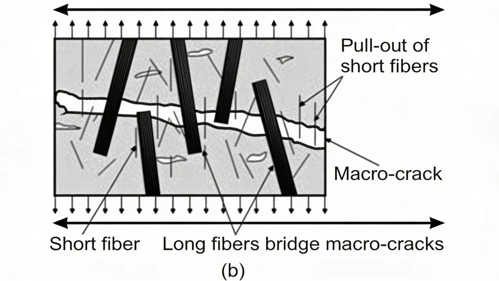 A diagram shows macro synthetic fibers spanning across a crack and holding the crack faces together.