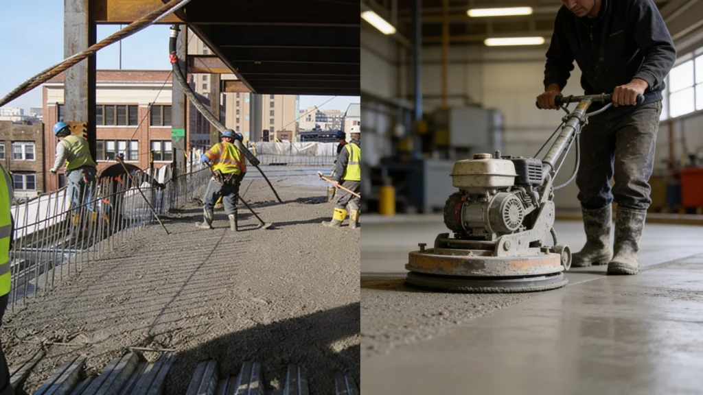 A finished warehouse floor shows joint layout and a forklift driving on the slab surface.