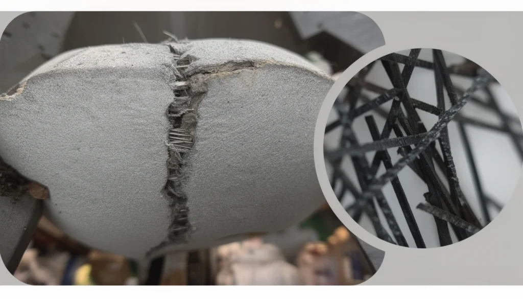 A concrete mixer discharges fresh concrete with visible macro synthetic fibers blended inside.