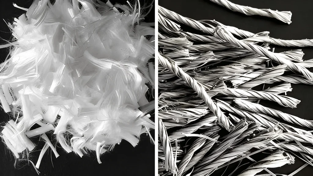 Two piles of fibers show long thick macro fibers next to very fine micro fibers for comparison.