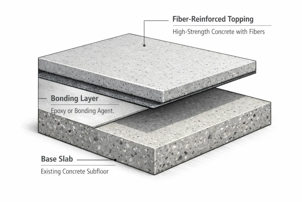A crew spreads and finishes a concrete topping in a warehouse while a pump line feeds the area.
