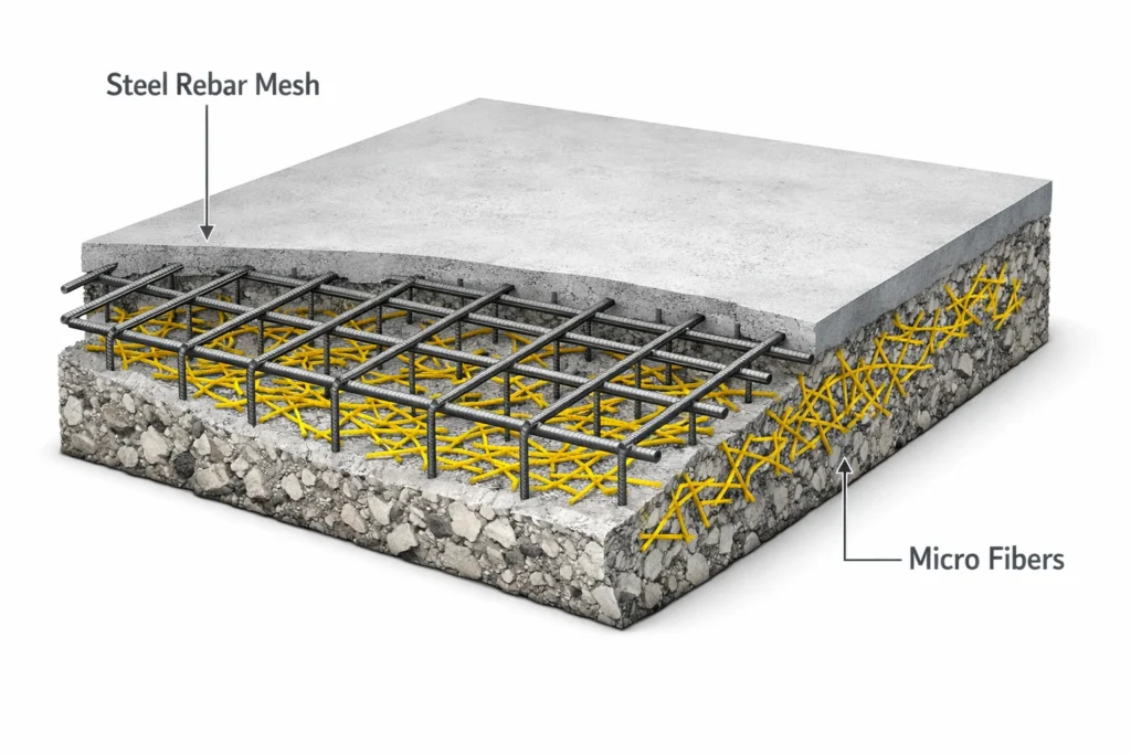 A slab reinforcement mat sits in place while a truck places fiber concrete over it.