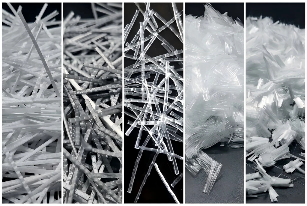 Short fine polypropylene microfibers sit beside longer thicker macro polypropylene fibers on a flat surface.