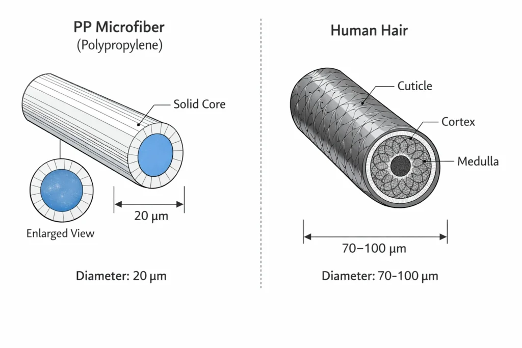 A gloved hand holds a small bundle of very thin polypropylene microfibers.