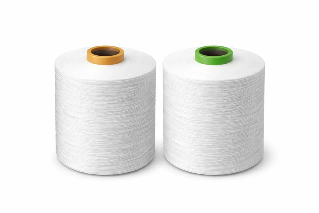 A bundle of polypropylene yarn shows many fine filaments grouped into one fiber strand.